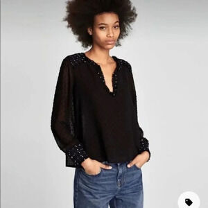 Zara Women's Shirt Blouse Contrasting Dotted Mesh M Black Frayed 2157/23…